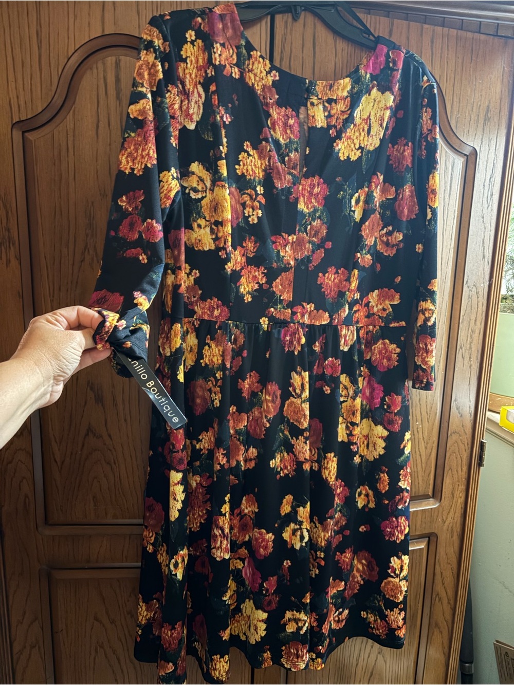 Black Floral Midi Dress with Warm Yellow & Rust Blooms
